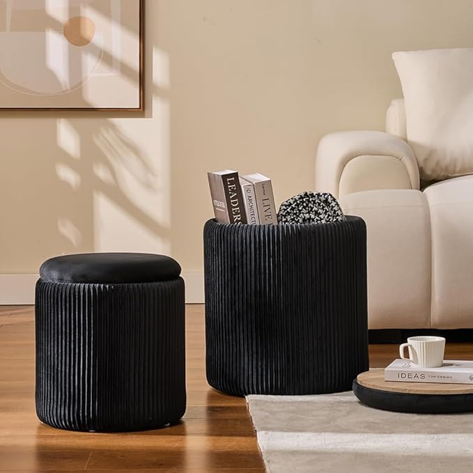 Round Ottoman with Storage Set of 2-Upholstered Sherpa Vanity Stool for Makeup Multifunctional Ottomans Coffee Table Padded Seat Foot Rest (Black)