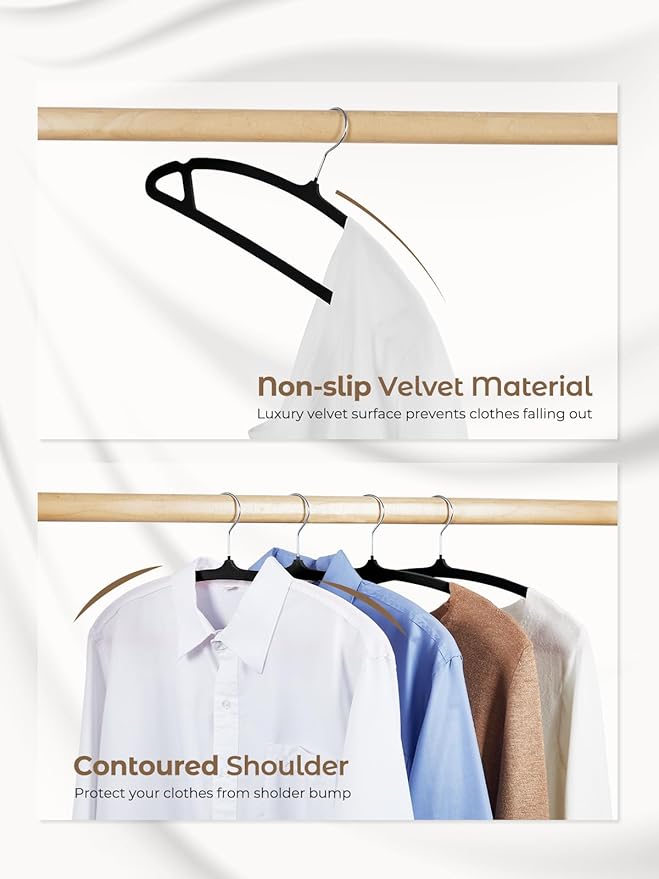 HOUSE DAY Black Velvet Hangers 60 Pack, Luxury Non Slip Felt Hangers, Space Saving Clothes Black Hanger Heavy Duty, No Shoulder Bump Focked Hanger with 360° Swivel Hook for Closet