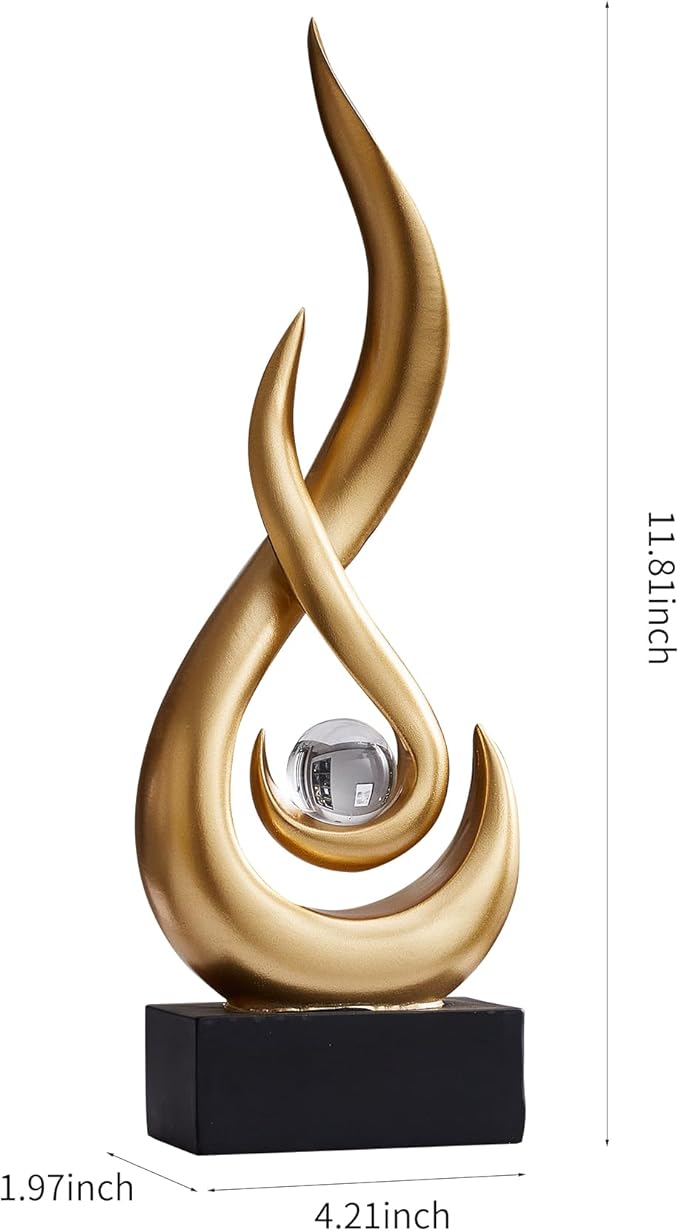 AWNR Abstract Gold Sculpture Decor: Flame Statue with Glass Ball Resin Art Figurines Unique Centerpiece Table Decorations Modern Home Decor Living Room TV Stand Coffee Table Office Decor
