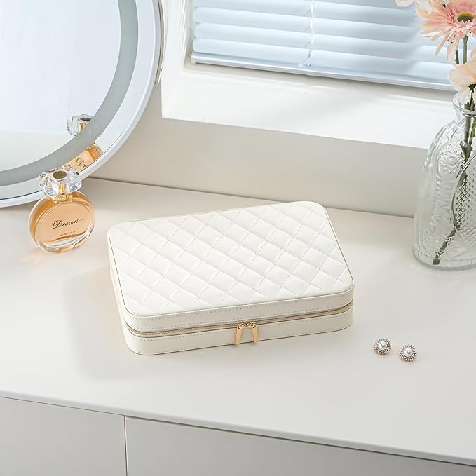 Lolalet Travel Jewelry Case for Women, Travel Jewelry Organizer Box with Mirror & Clear Storage Bag, Small Portable Traveling Earring Necklace Bracelet Ring Case, Bridesmaid Gifts -Large, White