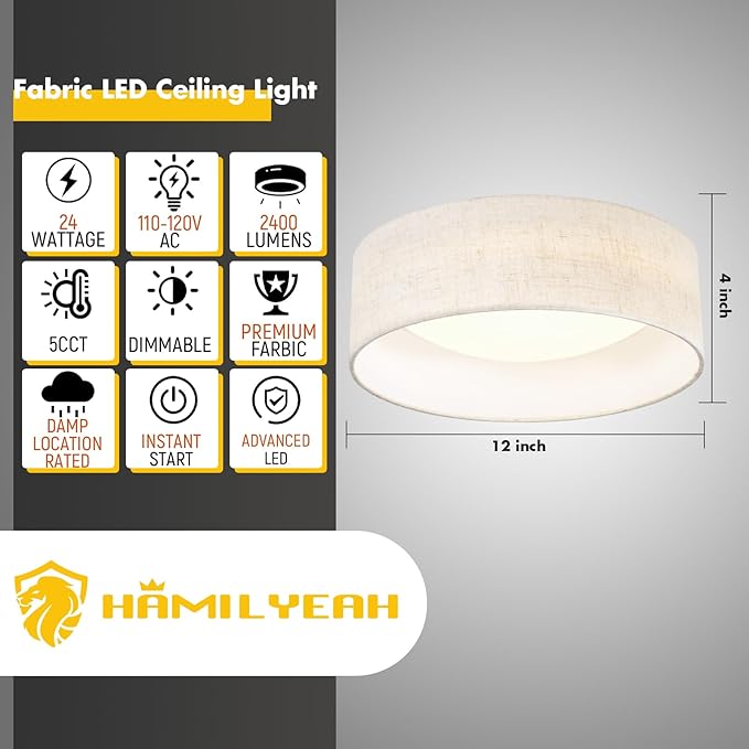 Hamilyeah LED Flush Mount Ceiling Light with Fabric Shade, 12 inch Kitchen Lighting Fixture Ceiling Mount 5CCT, Dimmable Beige Linen Ceiling Lighting Fixture 24W for Bedroom,Living Room, Kitchen