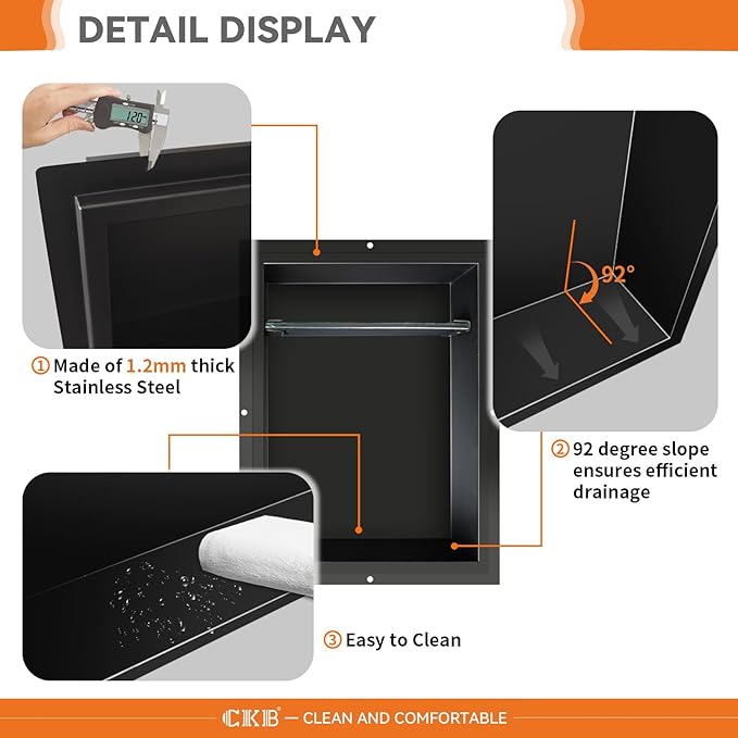 CKB Shower Niche Stainless Steel, 18 Inch x 14 Inch x 4 Inch Depth, Double-Layer Storage Shelves, Recessed Shower Shelf with Matte Black