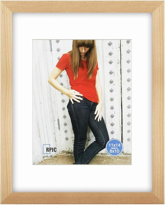 RPJC 11x14 inch Picture Frame Made of Solid Wood and High Definition Glass Display Pictures 8x10 with Mat or 11x14 Without Mat for Wall Mounting Photo Frame Natural