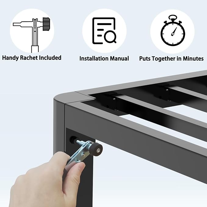FUIOBYVV 18 Inch Queen Bed Frame with Rounded Corner and Headboard Hole Mattress Retainers 3500 LBS Metal Heavy Duty Steel Slats Support No Box Spring Needed Platform Noise Free Easy Assembly