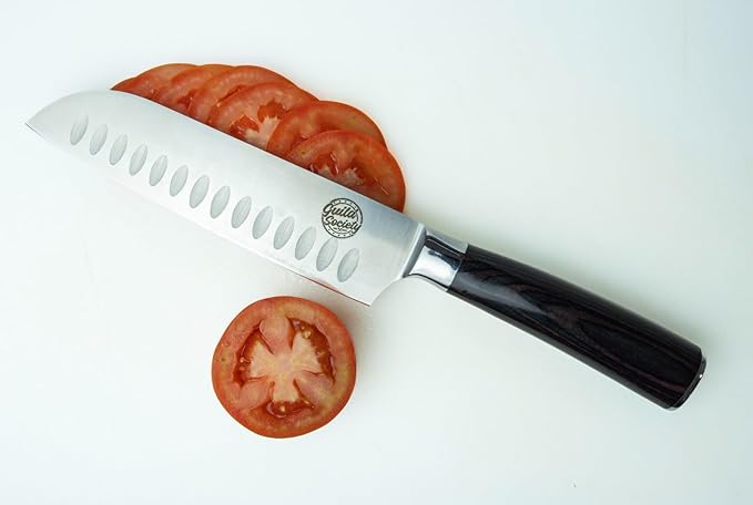 7 Inch Japanese Santoku Knife, Stainless Steel, Ergonomic Pakkawood Handle for Comfort - Sharp Chef Knife for Slicing, Chopping, and Mincing - Perfect for Vegetables, Meat, & Fish