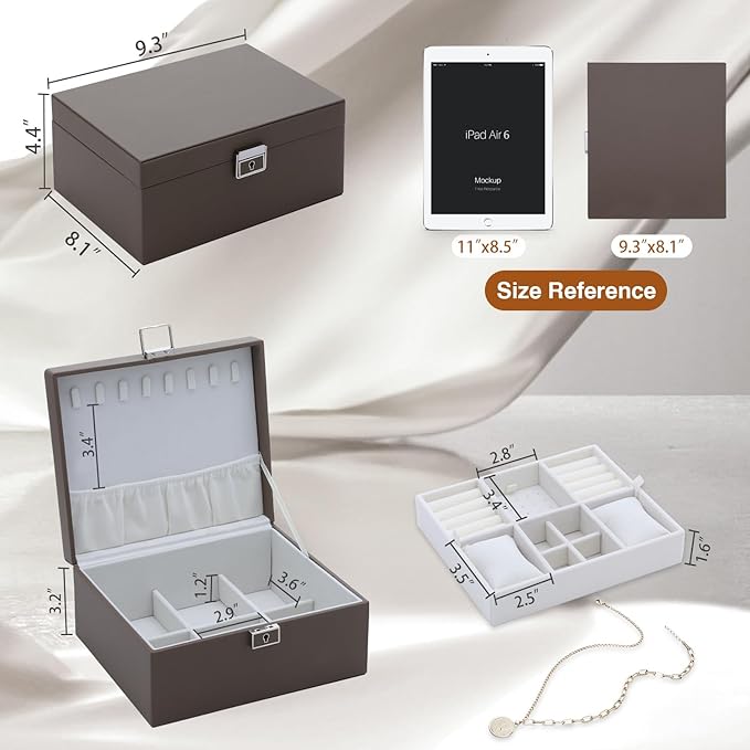 Jewelry Organizer Box for Girls Women,Large Genuine Leather Jewelry Organizers and Storage with Earring Holder Organizer Removable Velvet Jewelry Tray,Christmas Gifts for Mom,Grey