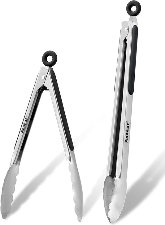 Anaeat Premium Stainless Steel Kitchen Tong Set of 2 - Sturdy Coiled Spring 9" and 12" Locking Food Tong with Non-Slip Silicone Grip for Cooking, Baking, Grilling, BBQ - Heat Resistant up to 480°F