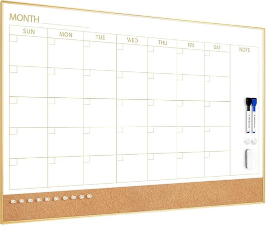 ARCOBIS Dry Erase Calendar Whiteboard Cork Board Combo, 36"x24" Magnetic White Board Calendar Dry Erase for Wall, Gold Frame Monthly Combination Board for Office, Home, School