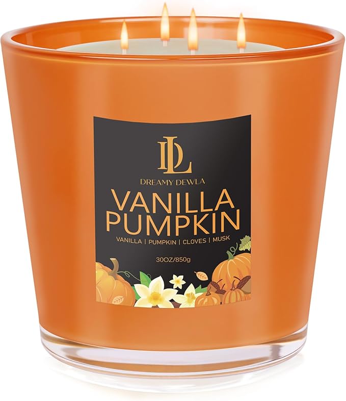 Vanilla Pumpkin Candle, Fall Scented Candle, Large 30oz Natural Soy Candles, 4-Wick 80 Hour Burn Time, Autumn Fragrance Candles Gifts for Home Decor