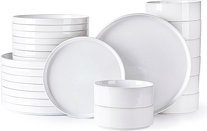 Dinnerware Set for 8, GBhome 24 Piece Speckled Plates and Bowls Set with Glazed Bottom, Chip and Scratch Resistant Stoneware Plates Sets, Dishwasher & Microwave Safe Dishes, White