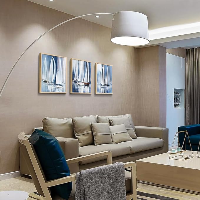 Wall Decorations For Living Room Natural Wood Framed Wall Art For Bedroom Office Wall Decor Wall Hanging Decor Abstract Seascape Sailboat Artwork For Wall Painting Print Pictures Home Decor 3 Piece