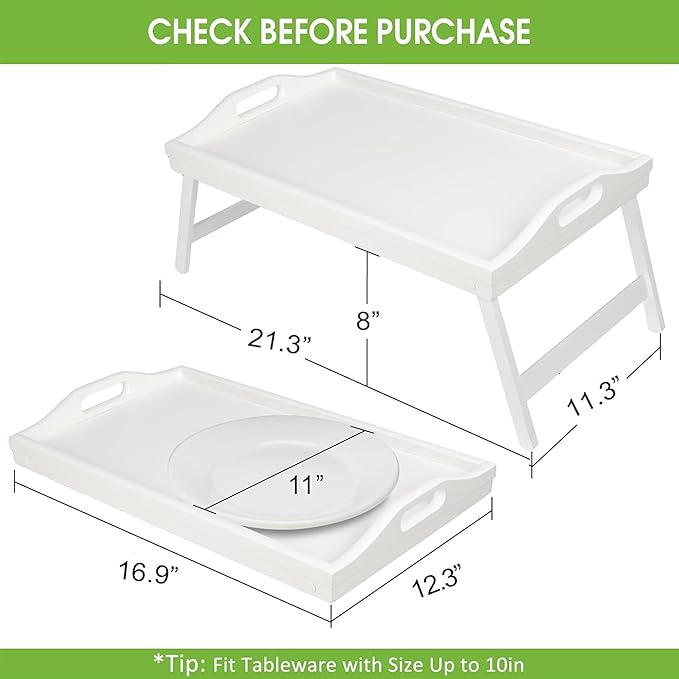 Breakfast Tray Table with Folding Legs Serving Tray Bamboo Dinner Trays for Platter Laptop Desk Bed Table Kitchen Serving Tray Snack Trays Large Size (White Large)