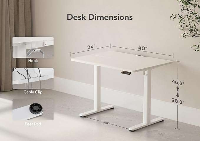 Claiks Electric Standing Desk, Adjustable Height Stand up Desk, 40x24 Inches Sit Stand Home Office Desk with Splice Board, White Frame/White Top