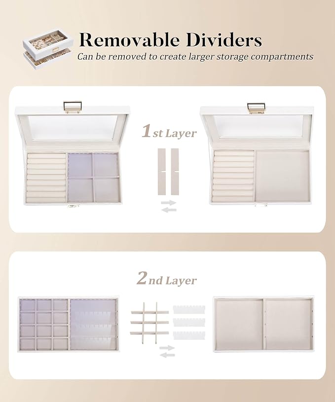 Homde Jewelry Tray Stackable Jewelry Box with Glass Lid, Removable Dividers for Vanity Table Gift Idea for Girls and Women (White)