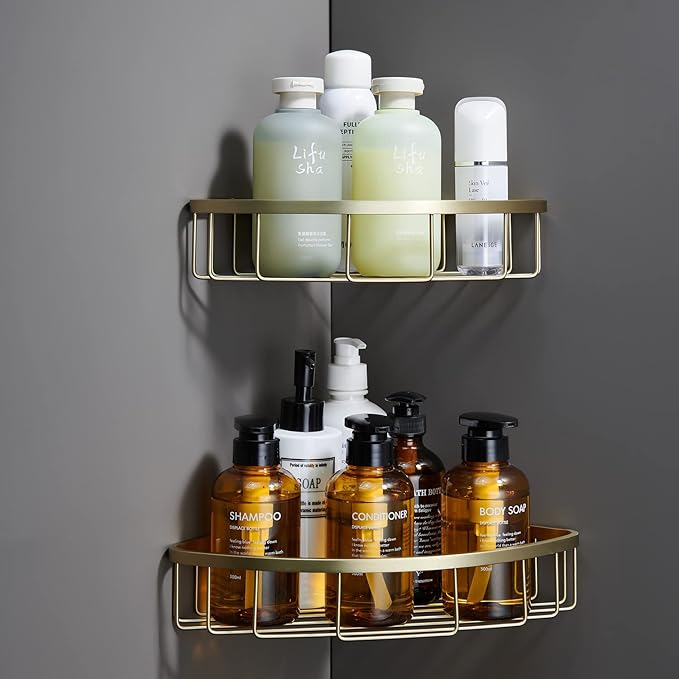 [2 Pack Bathroom Corner Shower Caddy Shelf Organizer, SUS304 Stainless Steel Heavy Duty Rust-Proof Shelf Holder, Wall Mounted Storage Rack for Bathroom Kitchen, Brushed Gold