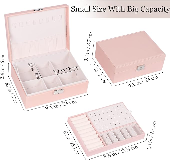 Jewelry Box for Women Girls, 2 Layers Jewelry Organizer Container with Lock, PU Leather Storage Case with Removable Tray, Jewelry Display Box for Necklaces Earrings Bracelets Rings Watches (Pink)