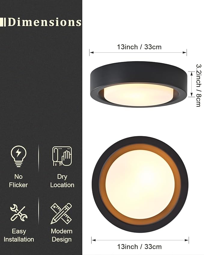 13 Inch Flush Mount Ceiling Light,Black Finish Plate with Frosted Glass Shade,Round Ceiling Lighting Fixture for Hallway Bedroom Closet Livingroom Kitchen Stairwell (Black)