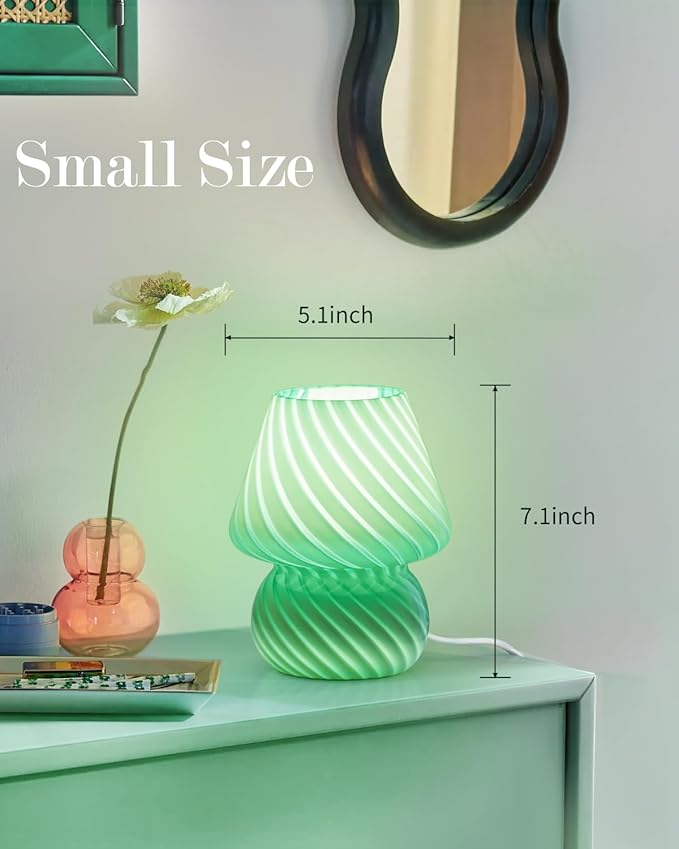 ONEWISH Mushroom Lamps Set of 2 - Small Table Lamp with Striped Glass, Nightstand Lamp for Bedroom, Living Room, Cafe, Office, Bulb Included, for Birthday Christmas Thanksgiving Day, Sage Green