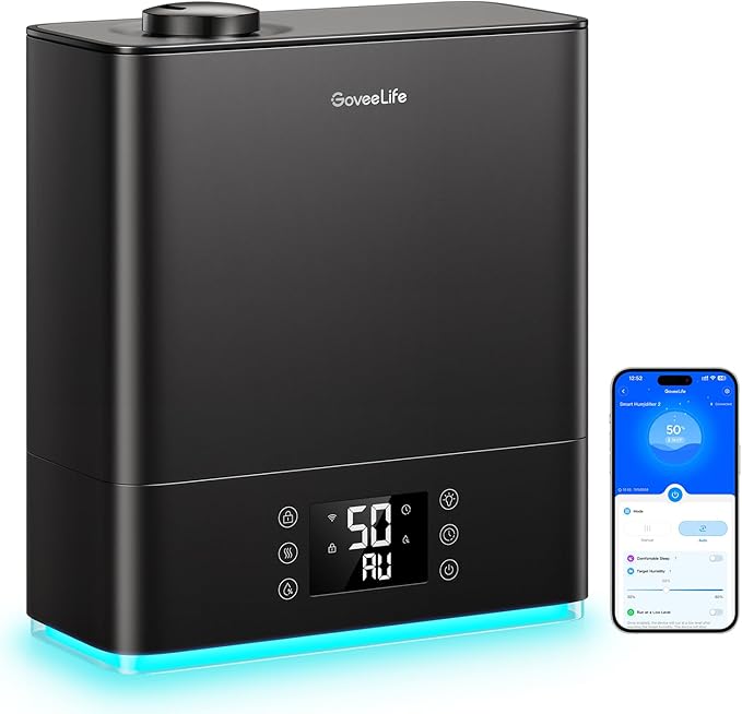 GoveeLife Smart Humidifiers for Bedroom Large Room, Top-Fill Cool Mist 6L WiFi Air Humidifier, Auto Mode, App & Voice Control, 60H Runtime, Rapid Humidification, RGB Nightlight Baby Plants, Black