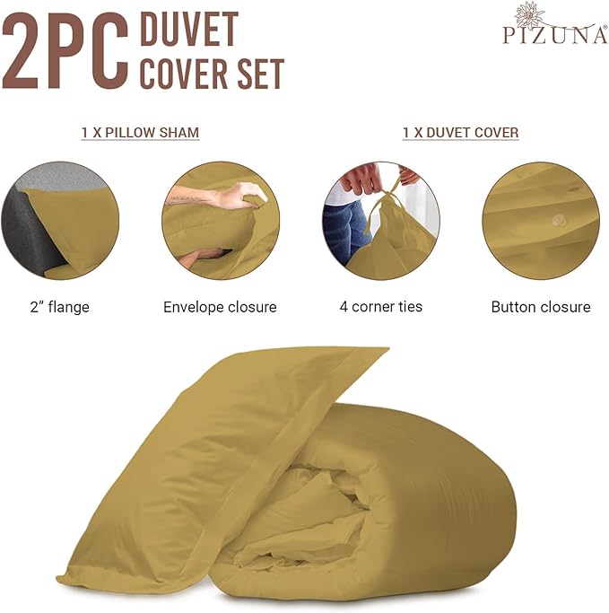 Pizuna Pure 100% Cotton Twin Duvet Cover Set, Luxurious 400 Thread Count Long Staple Cotton Sateen Weave with Button Closure (Combed Mustard Gold Cotton Duvet Cover Twin)