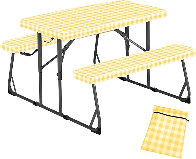 33" L x 20" W x 3" H Yellow Grid Picnic Table Cover for Kids, Fitted Tablecloth for Outdoors Oxford Cloth Waterproof Cloth for Camping Home Goods Indoor Outdoor Patio BBQ