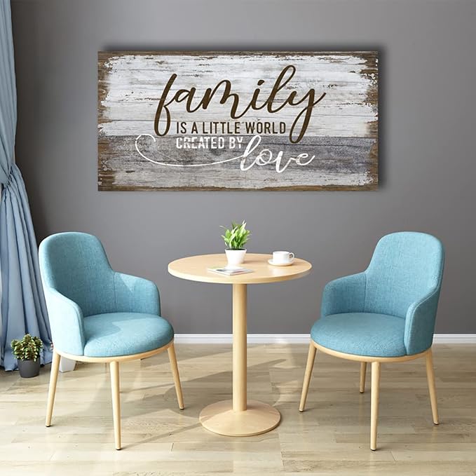 Family Is a Little World Created by Love Canvas Wall Art Rustic Letters Prints Retro Farmhouse Wooden Board Canvas Pictures Wall Decor Vintage Canvas Artwork for Living Room Decoration 24" x 48"