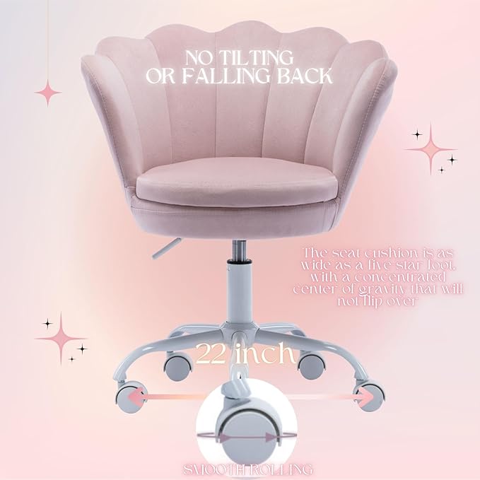 Pink Kids Desk Chair, Cute Velvet Adjustable Children Desk Chair Rolling Study Armchair Upholstered Computer Chair Shell Back 360° Swivel Vanity Chair for Teen Boys Girls Bedroom Study