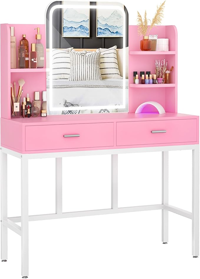 Armocity Vanity Desk with Mirror and Lights, Makeup Vanity with 2 Storage Drawers, Makeup Desk with 3 Color Lighting Options, Modern Dressing Table with Storage Shelf for Bedroom, Pink