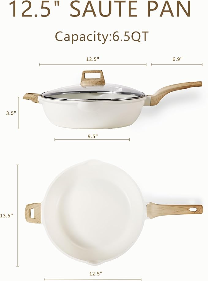 CAROTE 12.5Inch Nonstick Deep Frying Pan with Lid, 6.5 Qt Jumbo Cooker Saute Pan with Pour Spout, Skillet Induction Cookware, Non Stick Cooking Pan Kitchen Pan PFOA Free, White Granite