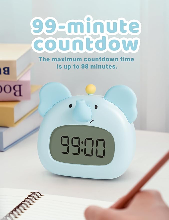Elephant Alarm Clock for Kids Bedroom, Blue Elephant Animals Clock with Night Light, Adjustable Dimming, 3 Alarms, Loud, Timer, Boys Alarm Clocks Gift