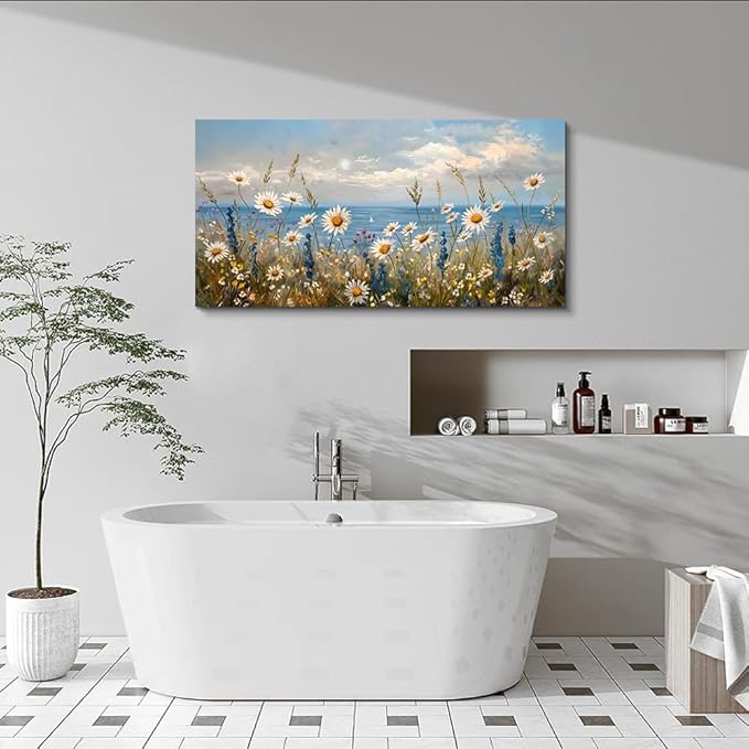 Wapluam Blue Ocean Canvas Wall Art for Living Room Wall Decor For Bedroom Bathroom Decoration Abstract Natural Seascape Painting Modern Office Wildflowers Artwork Pictures Home Decor Ready To Hang