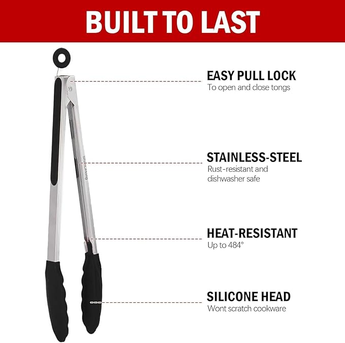 Silicone Kitchen Tongs for Cooking - 9+12 Inch Heat-Resistant Stainless Steel Cooking Tongs with Non-Slip Handle, Non-Scratch Tips for Grilling, BBQ, Salad & Air Fryer - 2-Piece Black Set