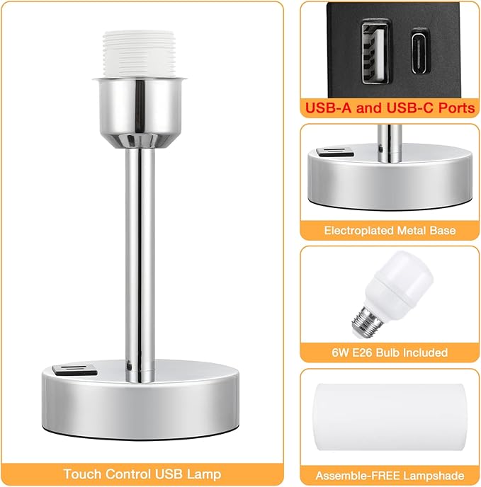 White Bedside Touch Table Lamps for Bedroom Nightstand with USB-C USB-A Charging Ports White, 3 Way Dimmable Control Small Lamp Silver Base for Office, Living Room, Reading