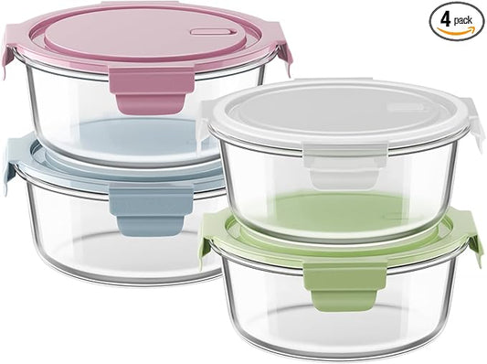4 PCS Glass Meal Prep Containers with Lids, Airtight 3.75 Cup Food Storage Containers Set, Heat-Resistant BPA-Free Glass Containers for Soup Leftover, Microwave, Dishwasher, and Freezer Safe
