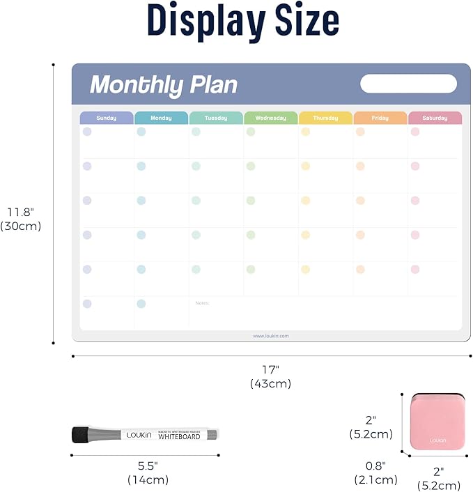 Loukin 17"x11.8" Monthly Dry Erase Calendar, Electrostatic Clings to All Shiny Surface, Reusable Whiteboard Planner Schedule for Refrigerator, Office, Classroom, 6 Magnetic Markers & 1 Eraser Included