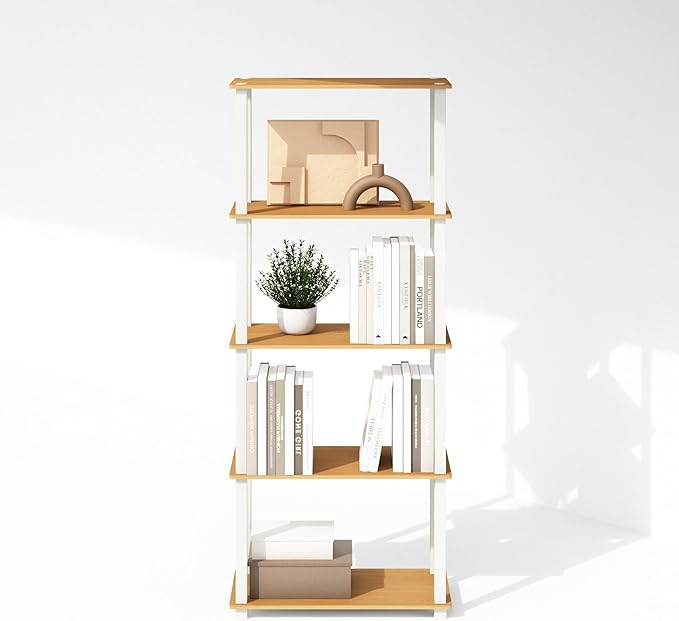 Furinno Turn-S-Tube 3-Tier Compact Multipurpose Shelf Display Rack with Square Tube, Beech/White, Set of 2