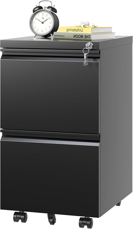 2 Drawer Mobile File Cabinet Under Desk Metal Filing Cabinet Vertical File Cabinet with Lock Office Rolling Storage Cabinets for Legal/Letter/A4 File Fully Assembled Except Wheels