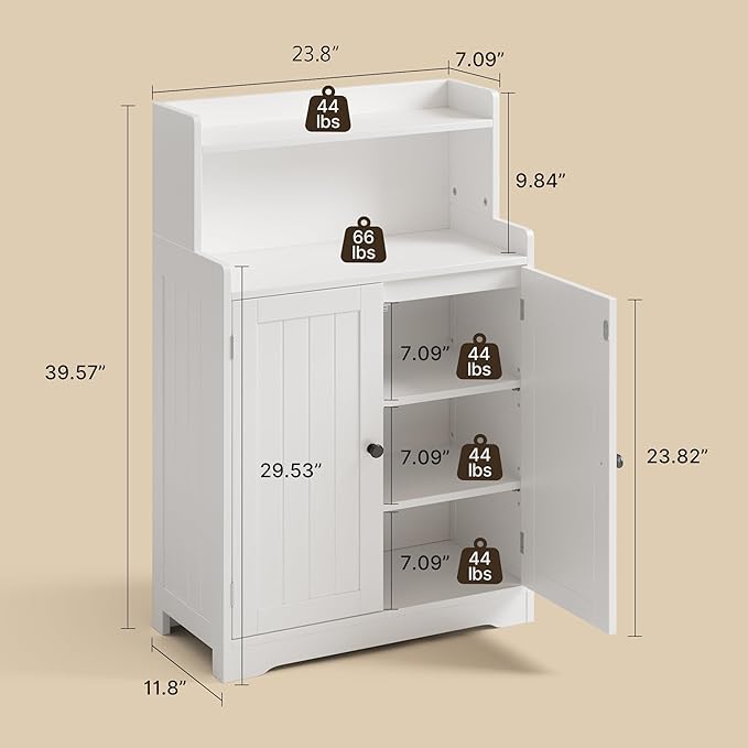 Gizoon 40" H Bathroom Storage Cabinet, Freestanding Organizer with 2 Doors, 2 Adjustable Shelves, Floor Pantry Cabinet for Dining Room, Kitchen, Living Room, Hallway, White