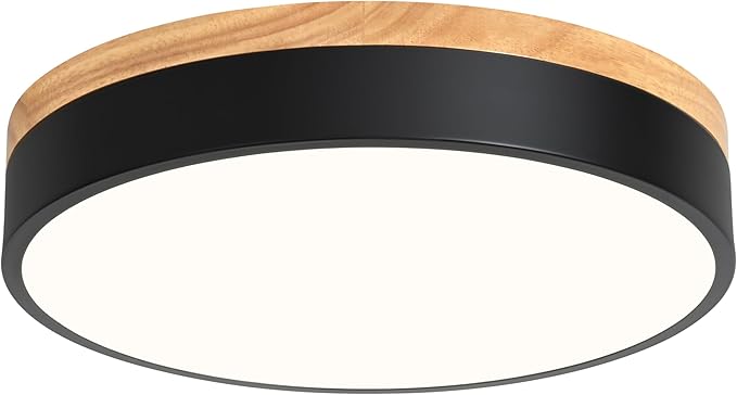 Dimmable Wood LED Flush Mount Ceiling Light, 5CCT 2700K-6000K Modern Black Close to Ceiling Lighting Fixtures, Minimalist Round Ceiling Lamp for Bedroom, Kitchen, Hallway, Laundry Room