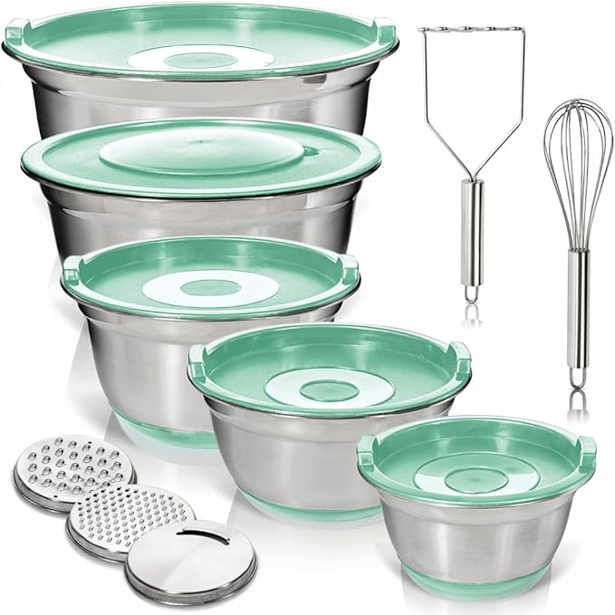 WHYSKO Stainless Steel Mixing Bowls with Lids Set - 5 Rustproof Metal Nesting Mixing Bowls for Kitchen, Meal Prep, Baking, Cooking, Storage - Includes 3 Grater Attachments, Dishwasher Safe