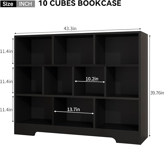 Book Shelf for Kids, 10 Cubes Storage Organizer Montessori Bookshelf, 3-Tier Wooden Kids Bookcase, Toy Storage Organizer for Children, Black Toddler Bookshelf Cube Shelf for Kid’s Room, Classroom