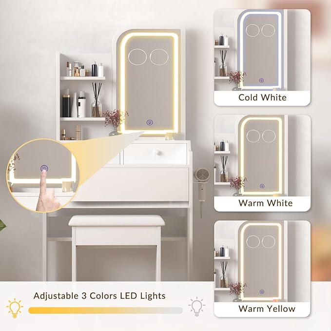 HOMEMORE Small Vanity Desk with Mirror and Lights, Makeup Vanity Desk with 3 Drawers & 3 Shelves, 2X & 5X Magnifying and Power Outlet, Dressing Table for Bedroom,White