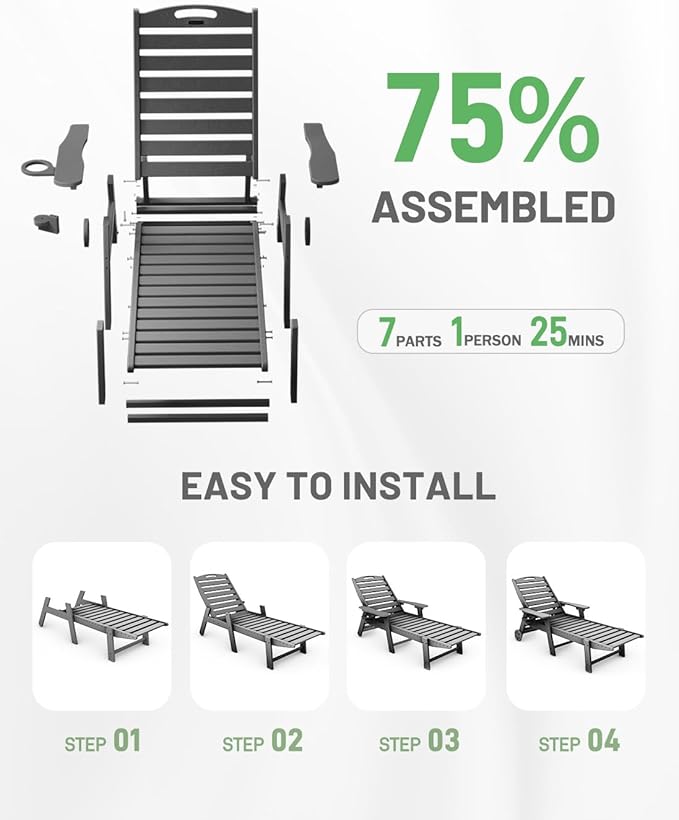 Lounge Chair Outdoor Set of 4 with Wheels, Adjustable 6-Position Chaise Lounge Outdoor, Patio Lounge Chair for Poolside Backyard, Grey