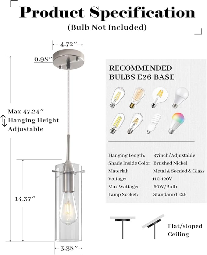 Glass Pendant Lights Kitchen Island 2 Packs, Brushed Nickel Pendant Light, Modern Clear Glass Pendant Light Fixture, Hanging Pendant Lights for Kitchen Island Dining Room Hallway