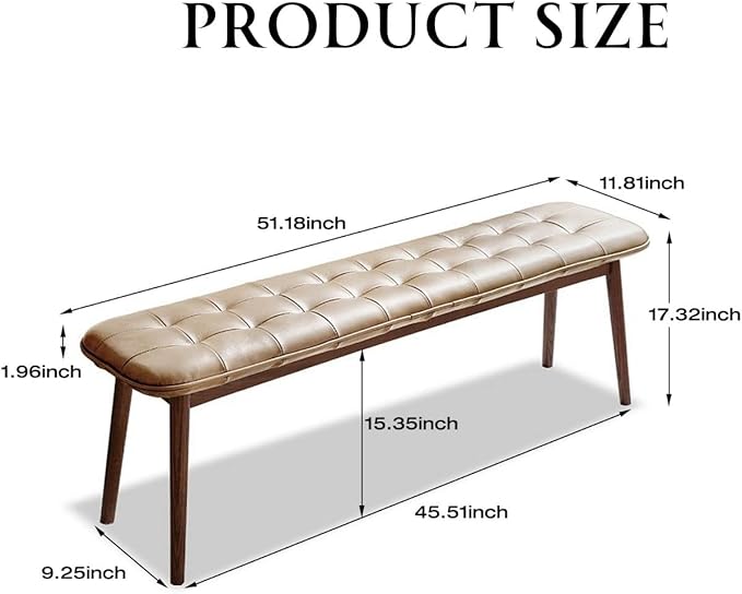 51.2'' Leather Upholstered Dining Bench with 100% Solid Oak Wood Bench Frame, Checkered Stitched Padded Cowhide Bed End Bench Ottoman for Kitchen Living Room Bedroom Entryway, Taupe