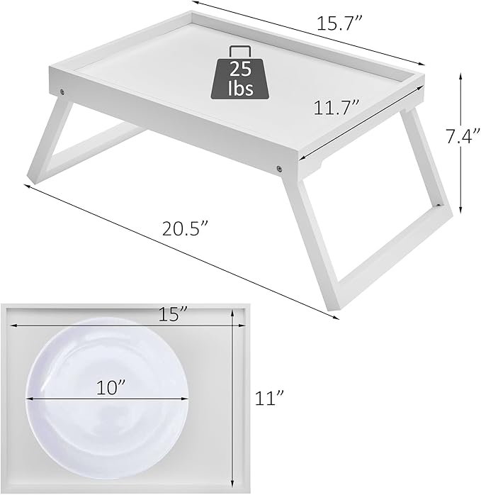 Bamboo Bed Tray Table with Foldable Legs, Breakfast Tray, Laptop Desk for Bed or Sofa,Food,Dinner,Serving,TV Table,Kitchen,Eating,Working (White)