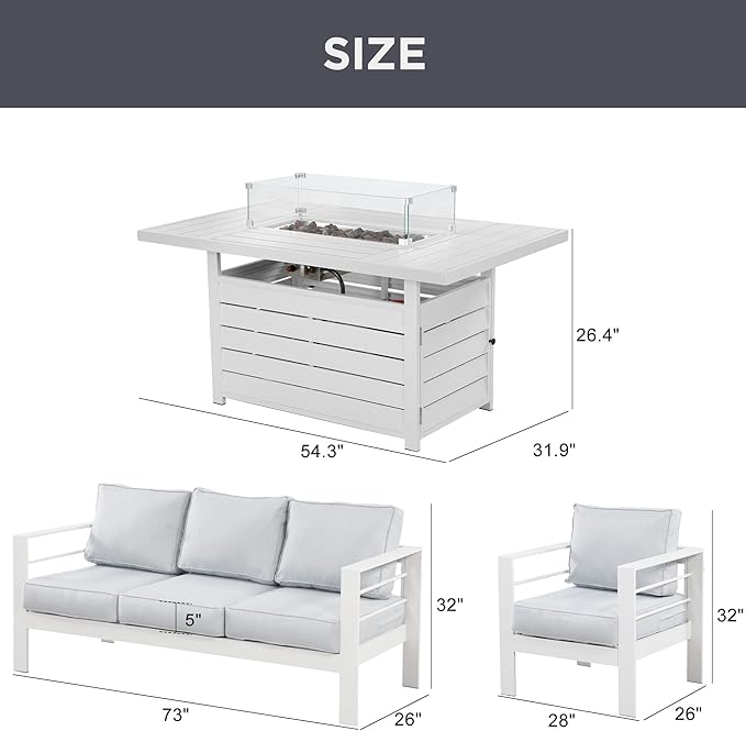 Wisteria Lane Aluminum Patio Furniture Set, 4 Pcs Metal Outdoor Furniture Set with CSA Certified 54in Propane Gas Fire Pit Table, Patio Conversation Set with 5in Olefin Cover Cushions, White