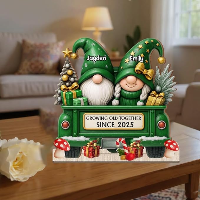 Growing Old Together Christmas Decor, Personalized Gnome Couple Wooden Plaque, Holiday Truck Sign Gift for Parents or Grandparents, Romantic Wooden Keepsake for Couples, Winter Home Decoration
