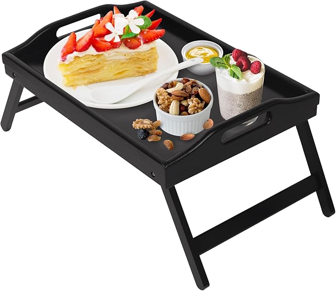 Bed Tray Table Folding Legs with Handles Breakfast Food Tray for Sofa,Bed,Eating,Drawing,Platters Serving Lap Desk Snack Tray(Black Medium)