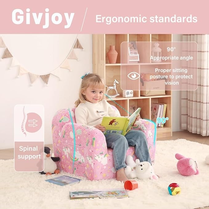 Toddler Chair Plush Kids Couch, Comfy Kids Sofa Toddler Lounger Chair for Bedroom, Convertible Toddler Couch for Girls and Boys, Reading Chair for Kids